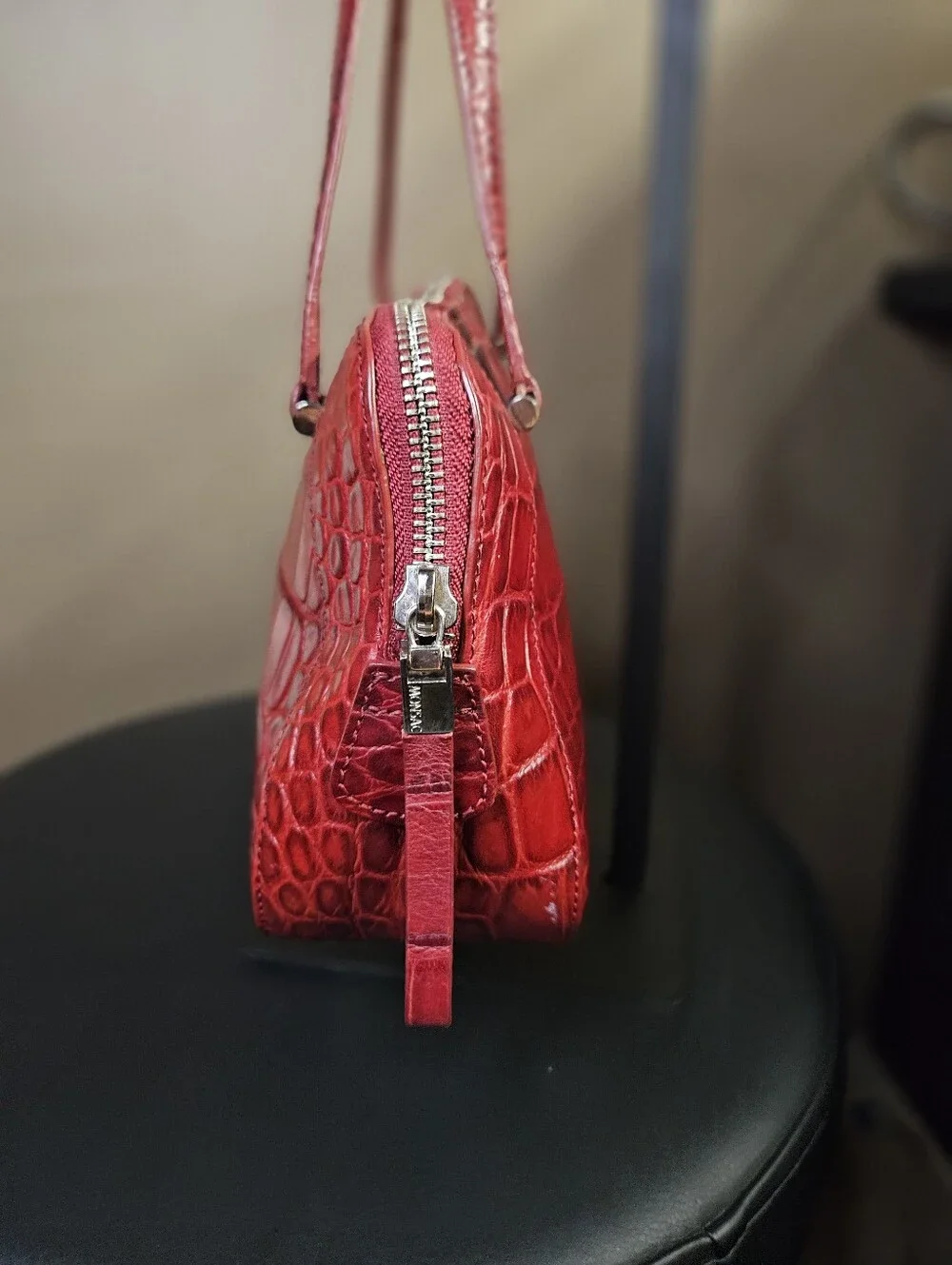 Vintage Monsac Croc-Embossed Italian Leather Baguette Handbag- Cherry Red - Picture 4 of 12